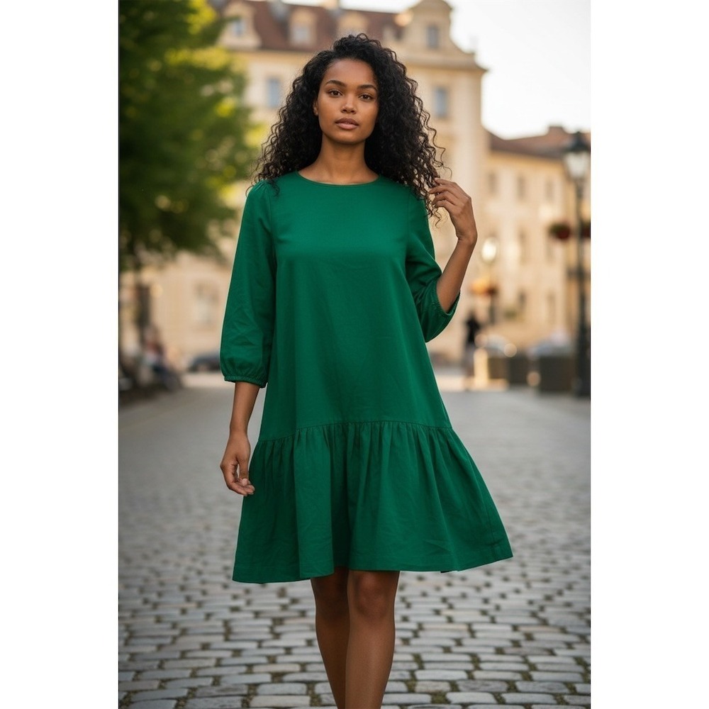 Anthropologie Meadow Rue Dress Womens Size 8 Green‎ Shift Drop Waist Ruffle Hem